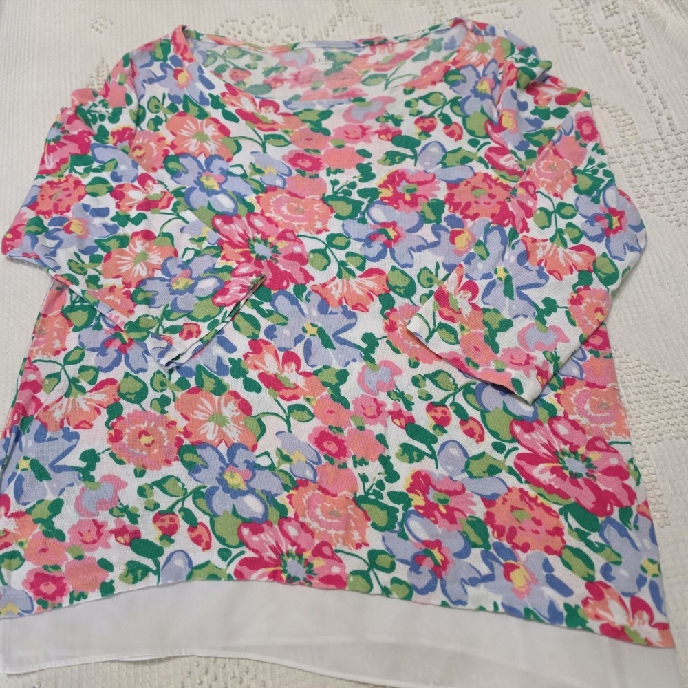 Talbots Women's Faux Layer Floral Sweater Size Large 3/4 Sleeve Lightweight